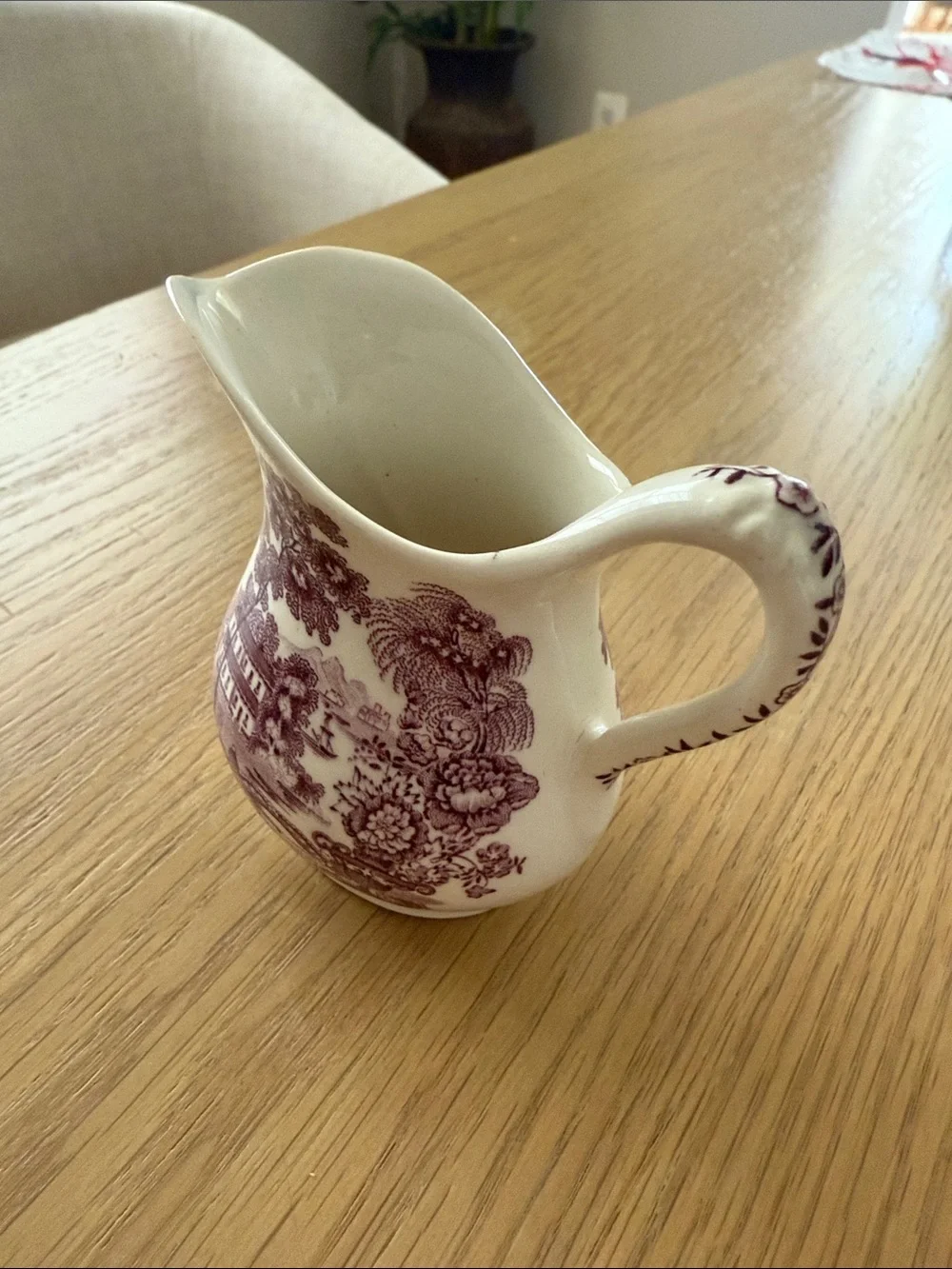 Classic White Ceramic Creamer with Plum Transferware Design